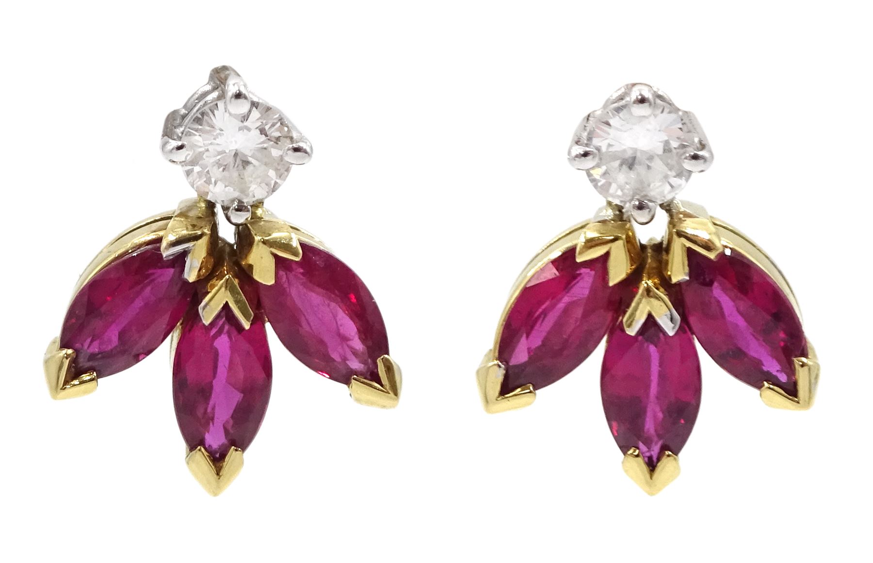 Pair of 18ct white and yellow gold round brilliant cut diamond and marquise cut ruby pendant stud earrings, London 1989, total diamond weight approx 0.20 carat
