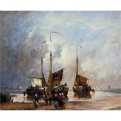 English School (20th century): Beached Ships with Figures, oil on board unsigned 50cm x 60cm