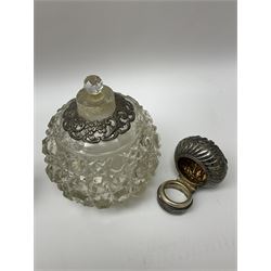 Group of silver to include wrythen twist vase with filled base, hobnail and octagonal cut glass scent bottle with repousse foliate cap stamped Birmingham 1900 and collar, silver mounted desk clock, napkin ring, presentation trophy cup, other filled silver and silver mounted glassware