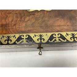 Regency mahogany and brass inlaid writing slope, the hinged lid with coromandel inlay with ornate brass decoration and central engraved plaque reading N.Taylor lifting to reveal purple velvet lined and compartmented interior, with twin campaign handles and key, W45cm H15cm D25cm