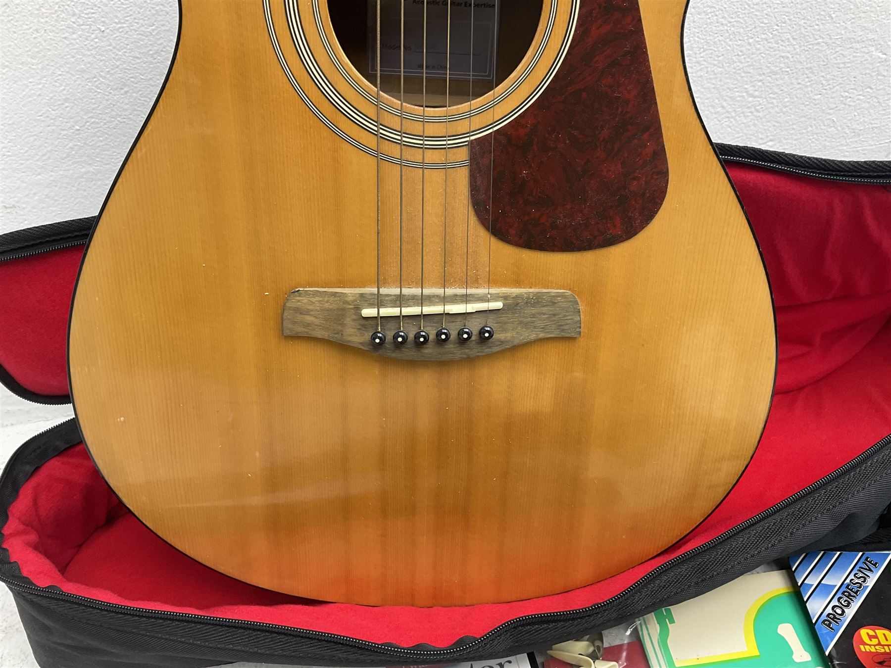 Rally five-string banjo with mahogany solid back L101cm in soft carrying case; and Brunswick Model BF200 acoustic guitar L103cm; with small quantity of instructional DVDs and booklets