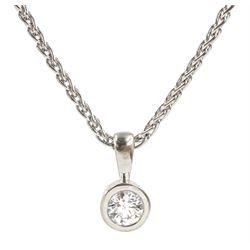 White gold bezel set single stone diamond pendant, on white gold Spiga link chain, both hallmarked 18ct, diamond approx 0.35 carat