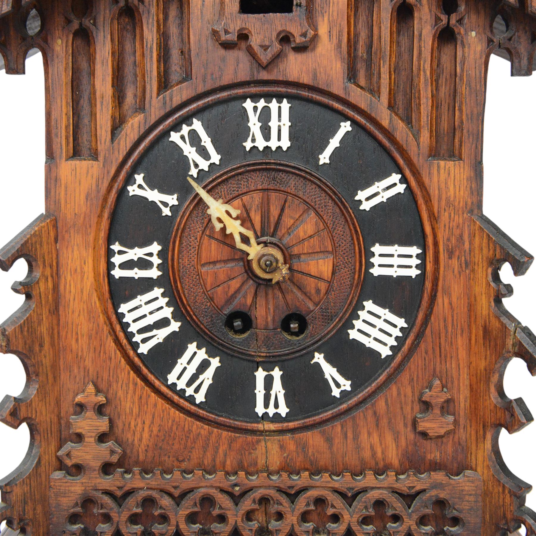 19th century Black Forest cuckoo mantel clock with carved architectural case, with eight day gong striking movement
