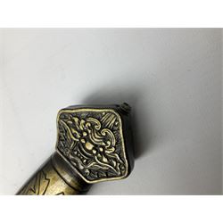 Three reproduction swords - Japanese katana and saya; Tai Chi sword with ornate scabbard; and dress sword with fullered triangular blade and horn handle (3)