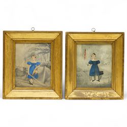 Horace Beevor Love (British 1800-1838): Full Length Portrait of Boys Wearing Blue Dresses with Nautical and Patriotic Motifs, pair of pencil drawings with watercolour, one signed and dated 1831, 25cm x 20cm (2)
Notes: until the age of breeching (5 to 7), it was customary for boys to be dressed in gowns similar to those worn by girls. Practical and symbolic it reflected the innocence of early childhood and was a mark of gentility rather than gender distinction.