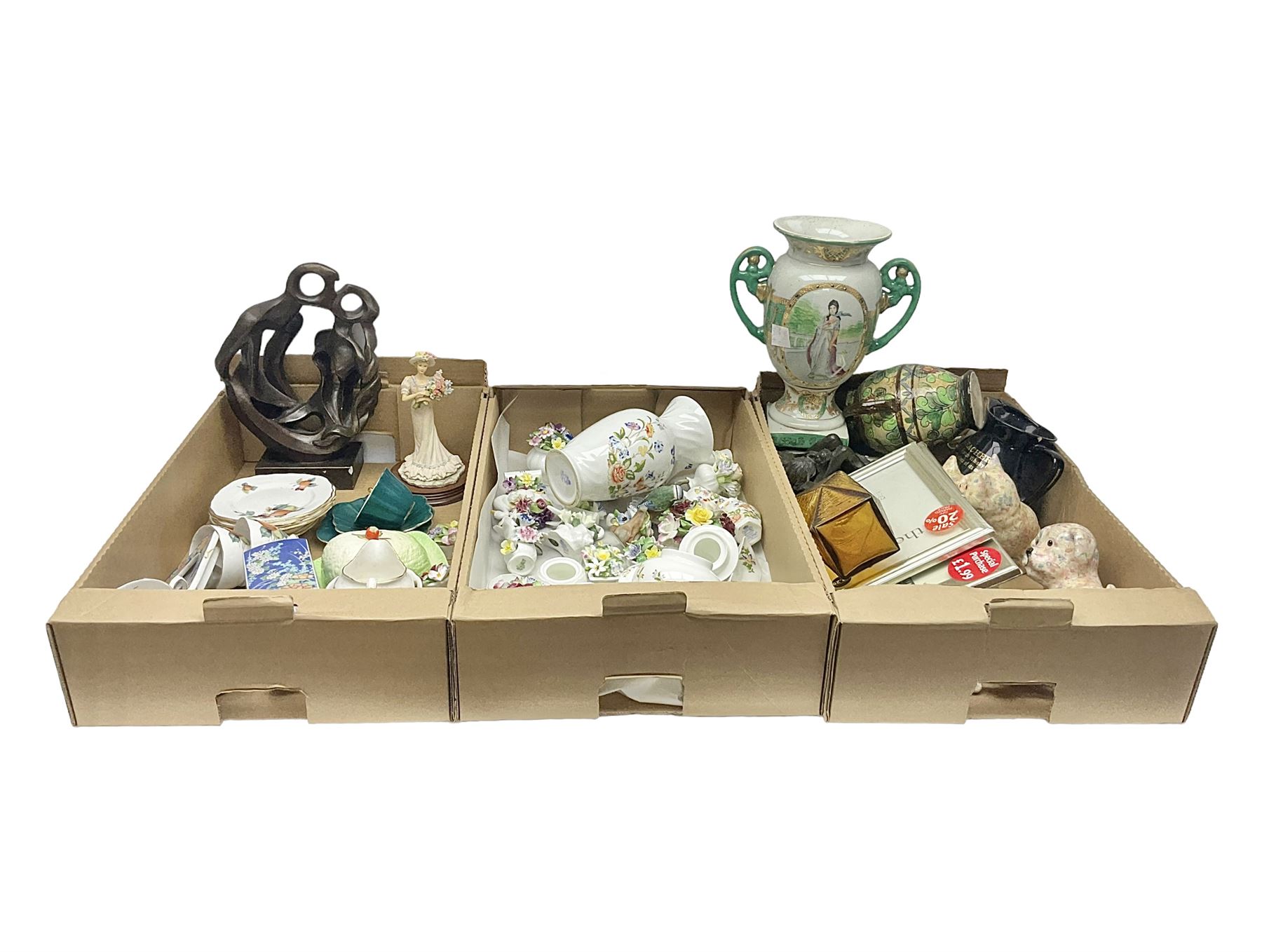 Aynsley Cottage Garden pattern ceramics, including vases and jars, together with a collection of flower baskets and similar, together with a collection of other ceramics and collectables, in three boxes 