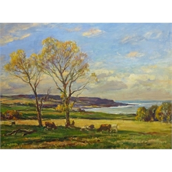 Owen Bowen (Staithes Group 1873-1967): Cattle Grazing on the Banks of the Solway Firth, oil on canvas signed 75cm x 100cm

