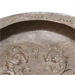 18th century Venetian copper two handled brazier, the base embossed with figures emerging from a cornucopia and a bishop's mitre, the border with embossed scrolls etc D50cm
