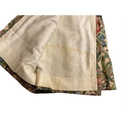 Two pairs of lined curtains, ivory ground fabric decorated with jardinieres of flowers spaced by scroll motifs, W329cm, fall 237cm (2)