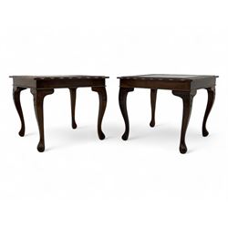 Pair of Pakistan carved hardwood brass inlaid lamp tables, square form, cabriole legs, inset glass tops