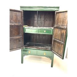 Chinese 'moon' rosewood raised cabinet, hammered brass centre piece featuring floral design, two cupboard doors enclosing two tiers and two short drawers, above two short drawers, shaped trim and stile supports 