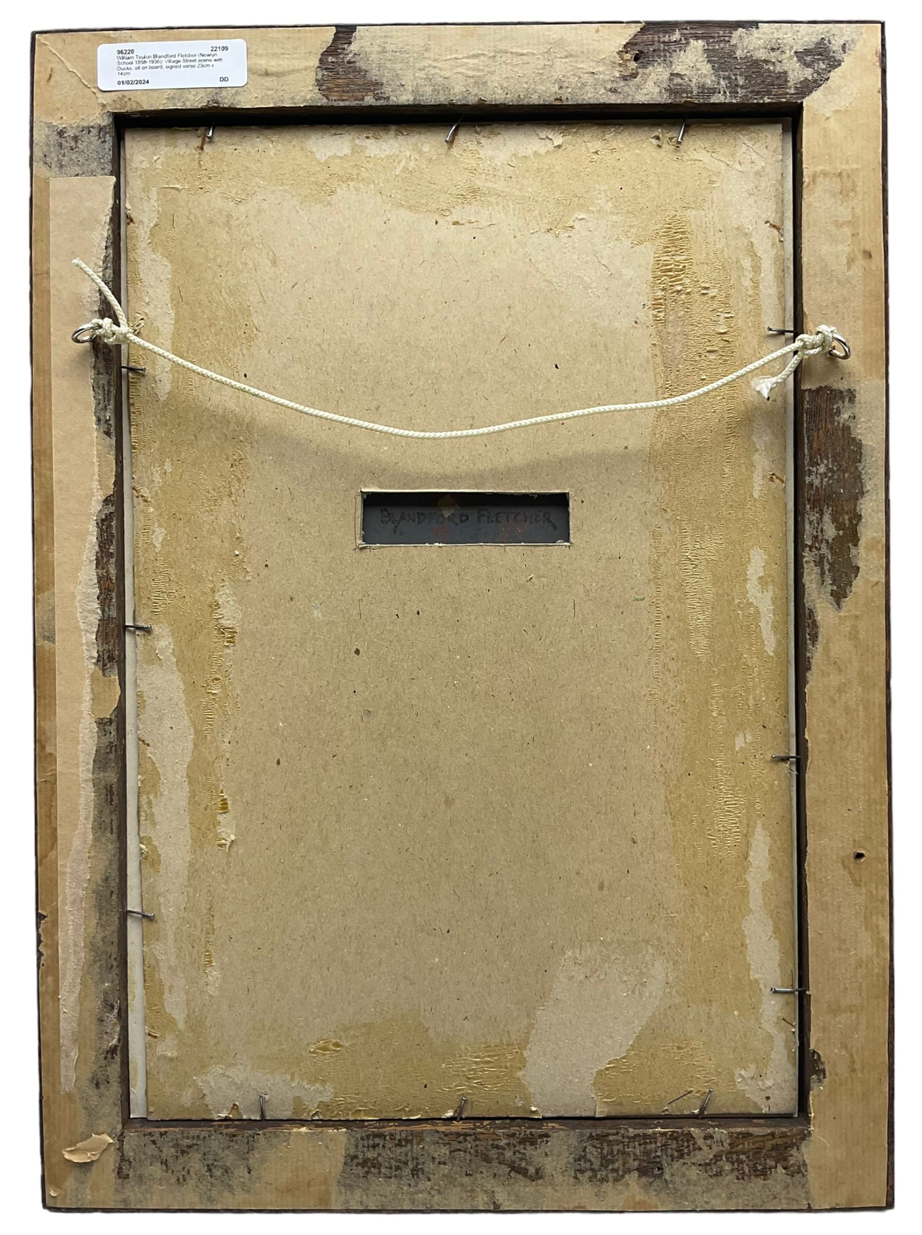 William Teulon Blandford Fletcher (Newlyn School 1858-1936): Village Street scene with Ducks, oil on board, signed verso 23cm x 14cm