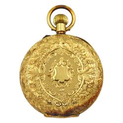 Early 20th century 18ct gold keyless Swiss cylinder ladies pocket watch, engraved foliate back case with cartouche, stamped 18K, with Swiss Helvetia hallmark