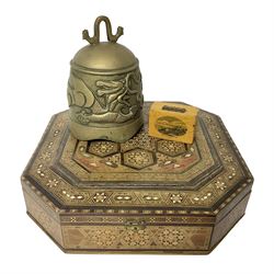 Indian octagonal marquetry box, the hinged cover inlaid with mother of pearl, together with a small Tunbridge ware box and a Chinese brass temple bell, decorated in relief with a dragon chasing a flaming pearl, octagonal box W29cm