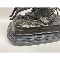 After E Loiscay, bronzed figure group, modelled as two race horses, signed E Loiscay, upon a stepped marble plinth, overall H28cm