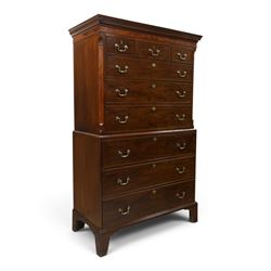 Late 18th century George III mahogany secretaire chest-on-chest, dentil cornice over banded frieze, the top section fitted with three short cock-beaded drawers over three long flanked by chamfered uprights, the base with initial secretaire drawer - fall-front enclosing fitted interior with button-release, correspondence drawers and pigeonholes, over two long drawers with brass swan-neck handles and bracket feet