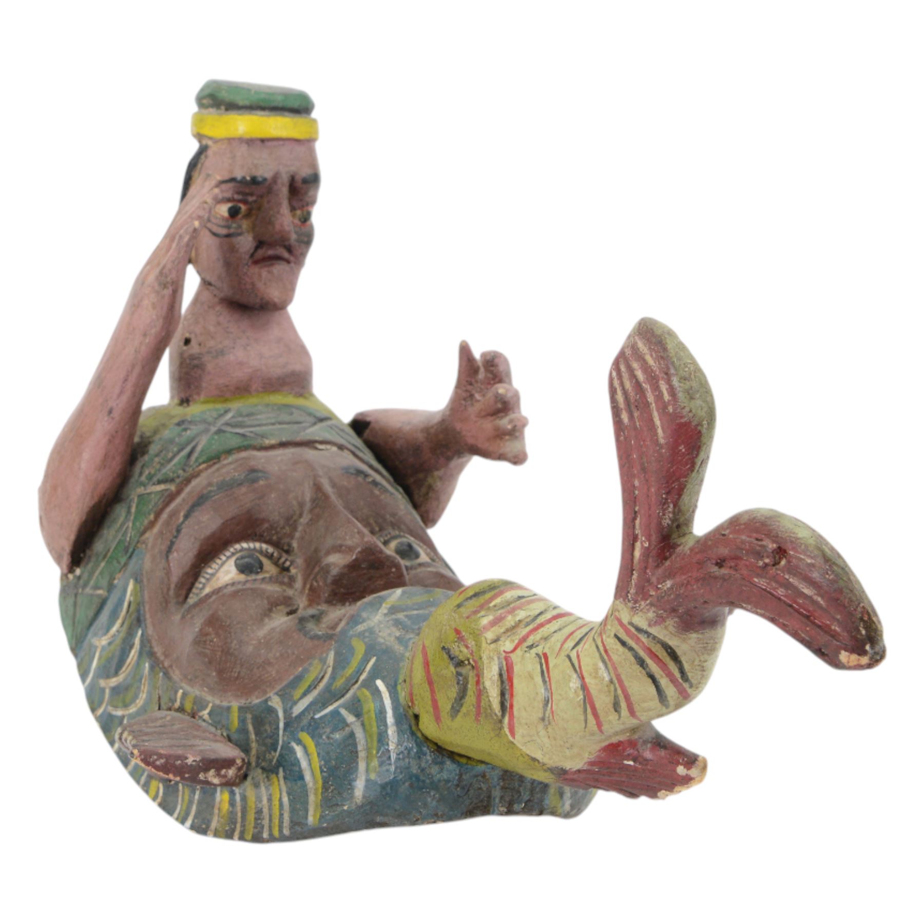 Carved folk art mask, modelled as a merman, hand painted, H50cm 