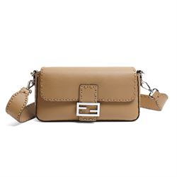 Fendi - Selleria Baguette shoulder bag, tan grained leather with hand-stitched detailing, palladium-tone FF buckle fastening, detachable leather top handle and shoulder strap, with authenticity card, dust bag and box
