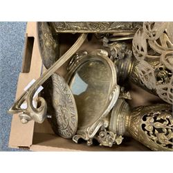 Assorted metal ware, to include pair of pierced vases with lion mask handles, brass box, Art Nouveaux style mirror, doorstop fronts, etc., in one box 