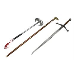 Two replica weapons, consisting of a double headed battle axe and a sword, together with a brass birdhead topped walking stick, stick H67cm
