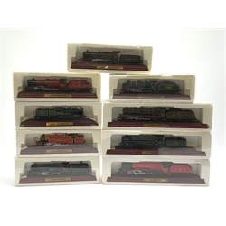Nine static display models of steam locomotives, each on titled wooden base, in polystyrene boxes with cellophane slip cases (9)