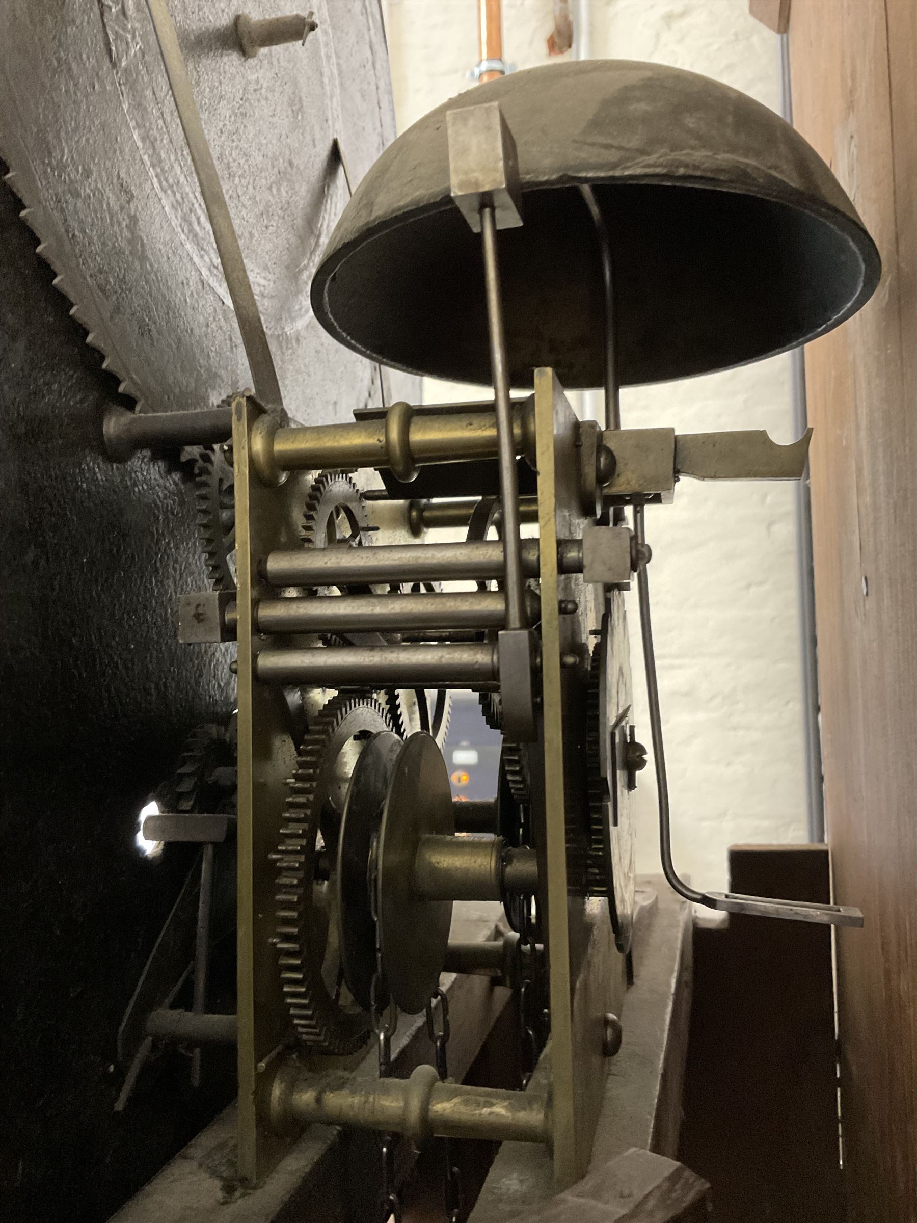 Ralph Weston (III) of Wolsingham (Co Durham)  -  Mahogany cased 30-hour Longcase clock, broken arch pediment with brass paterie and two ball and spire finials, break arch hood door flanked by reeded pilasters with brass capitals, trunk with canted corners and long flat topped door, rectangular plinth raised on bracket feet, painted dial with depictions of the four seasons to the spandrels and a working moon disc to the arch, with Roman numerals, dummy winding arbors, dummy seconds dial, calendar dial and steel hands, Dial pinned directly to a countwheel striking chain driven movement, with weight and pendulum.  
The Weston family of County Durham clockmakers were highly prolific family of North-Eastern clockmakers during the 18th and 19th century, Well known for producing many Thirty-Hour clocks with 