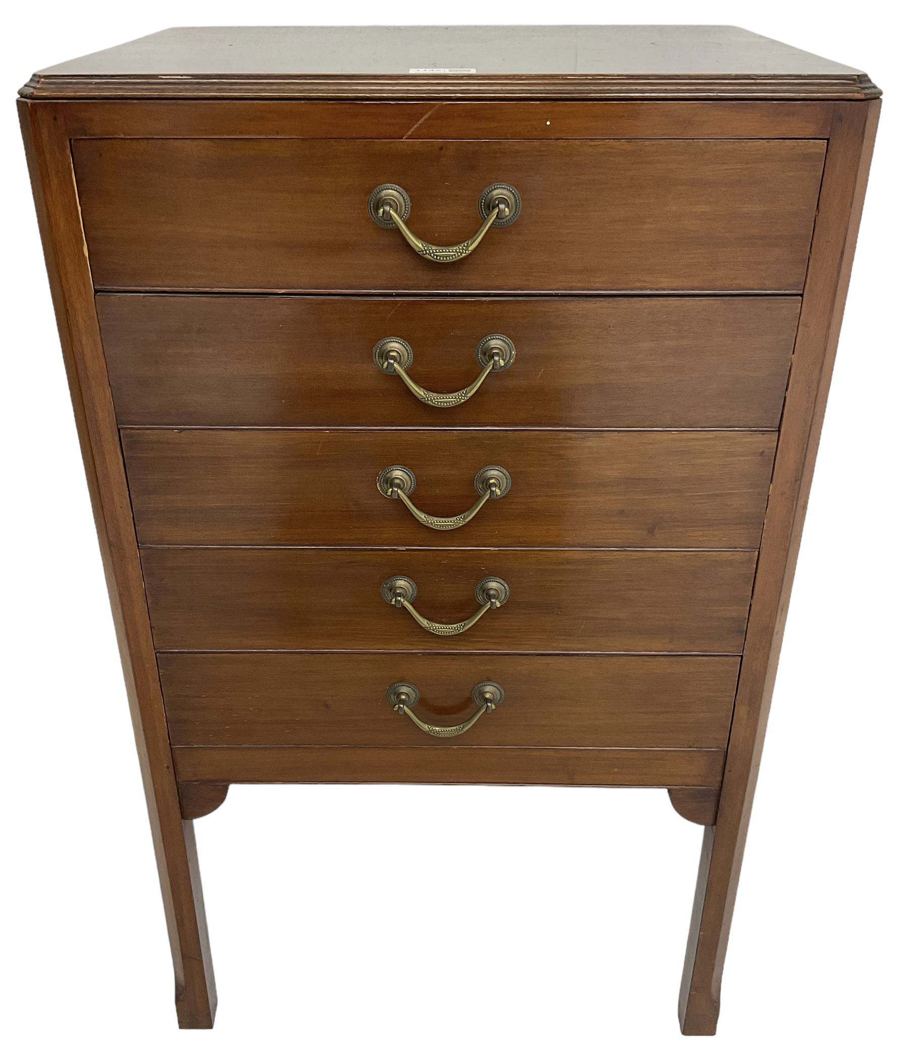 Edwardian mahogany five-drawer music cabinet, moulded top over five drawers with fall fronts, on chamfered square supports 