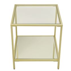Modern pair of brass finish and glass bedside stands, each of square form with clear glass top, glazed sides and mirrored under tier, enclosed by a square section brass finish metal frame, raised on short square supports