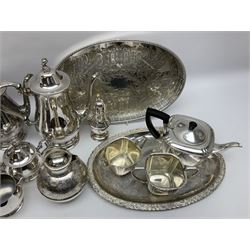 Silver plated tea set by H Fisher & Co of Sheffield comprising tea pot, open sucrier and milk jug, Viners of Sheffield 'Chased' tray, Onedian USA silver plated tea and coffee pots with lidded sucrier and jug, and other plated and similar items