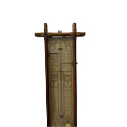 Oak cased Admiral Fitzroy barometer c1890 - with original full height paper scales annotated with Fitzroy's remarks and observations, brass sliding pointers above a Fahrenheit and centigrade spirit thermometer and storm glass, large bore bulb cistern tube with a mechanical sealing tap, in a fully glazed reformed gothic influenced case with chamfered moulded uprights, top, and base.