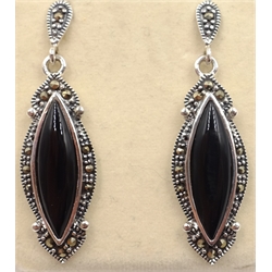  Pair of silver black onyx, marcasite pendant ear-rings stamped 925  