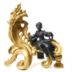 Pair of gilt metal Louis XIV style chenets, mounted with two bronze figures of a boy and girl, H29cm W30cm 