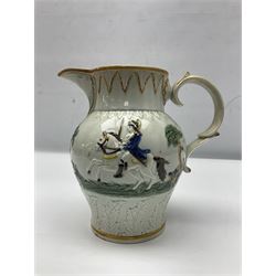 18th century Prattware jug, commemorating the Duke of York, moulded in relief with bands of stylised leaves, equestrian figures in landscape to the centre, H20cm