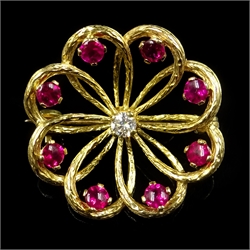  Ruby and diamond 18ct gold openwork flower brooch, rubies approx 1 carat  