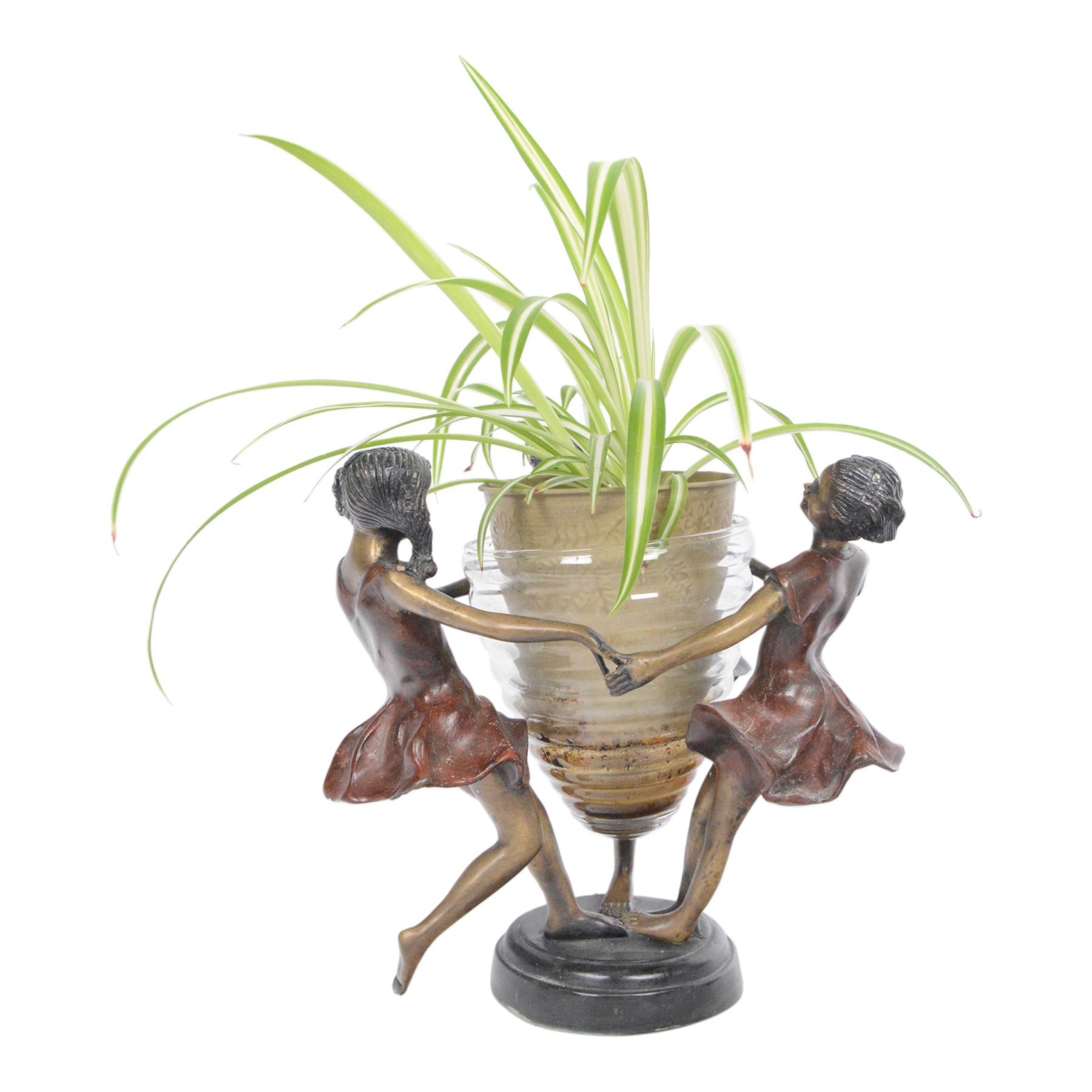 After Edouard Louis Collet: Circle of Three, bronze and glass centrepiece, H22cm