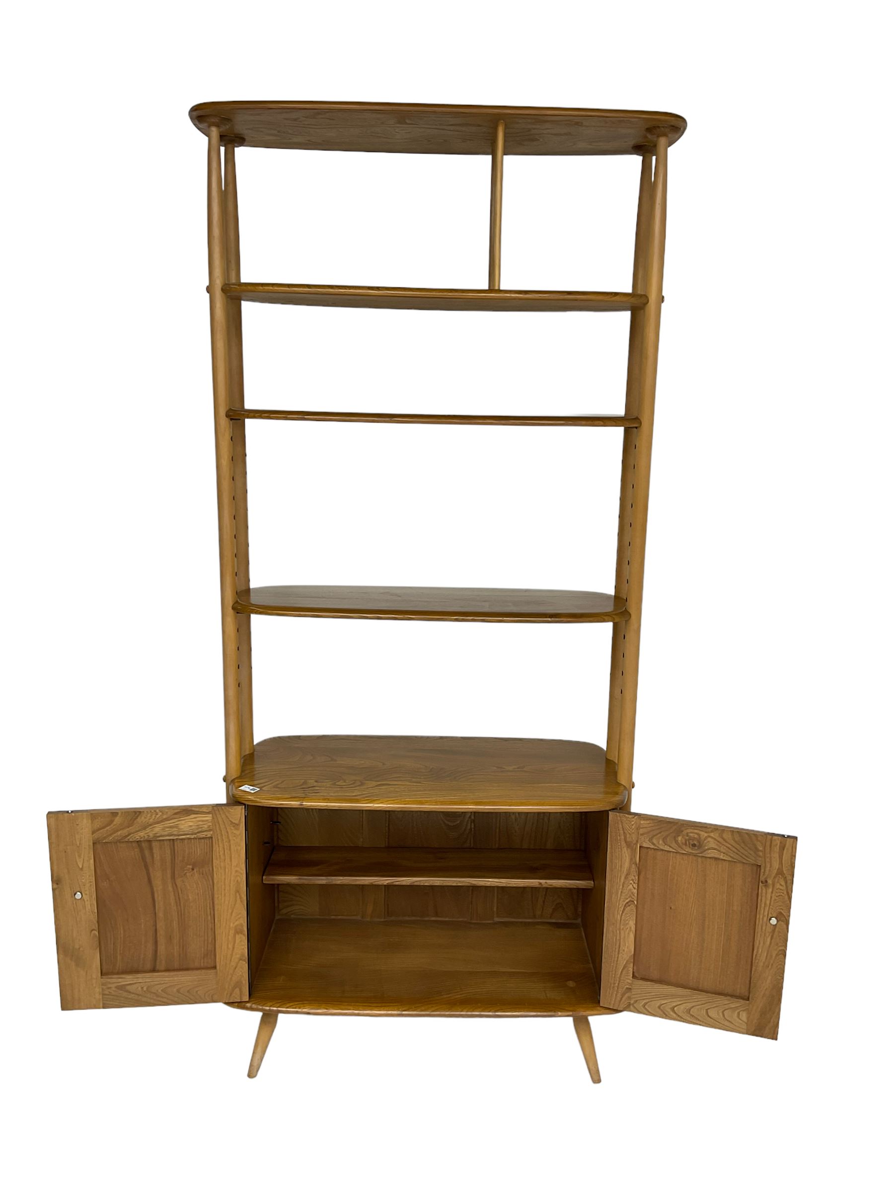 Ercol 'Giraffe' elm and beech room divider, fitted with shelves and