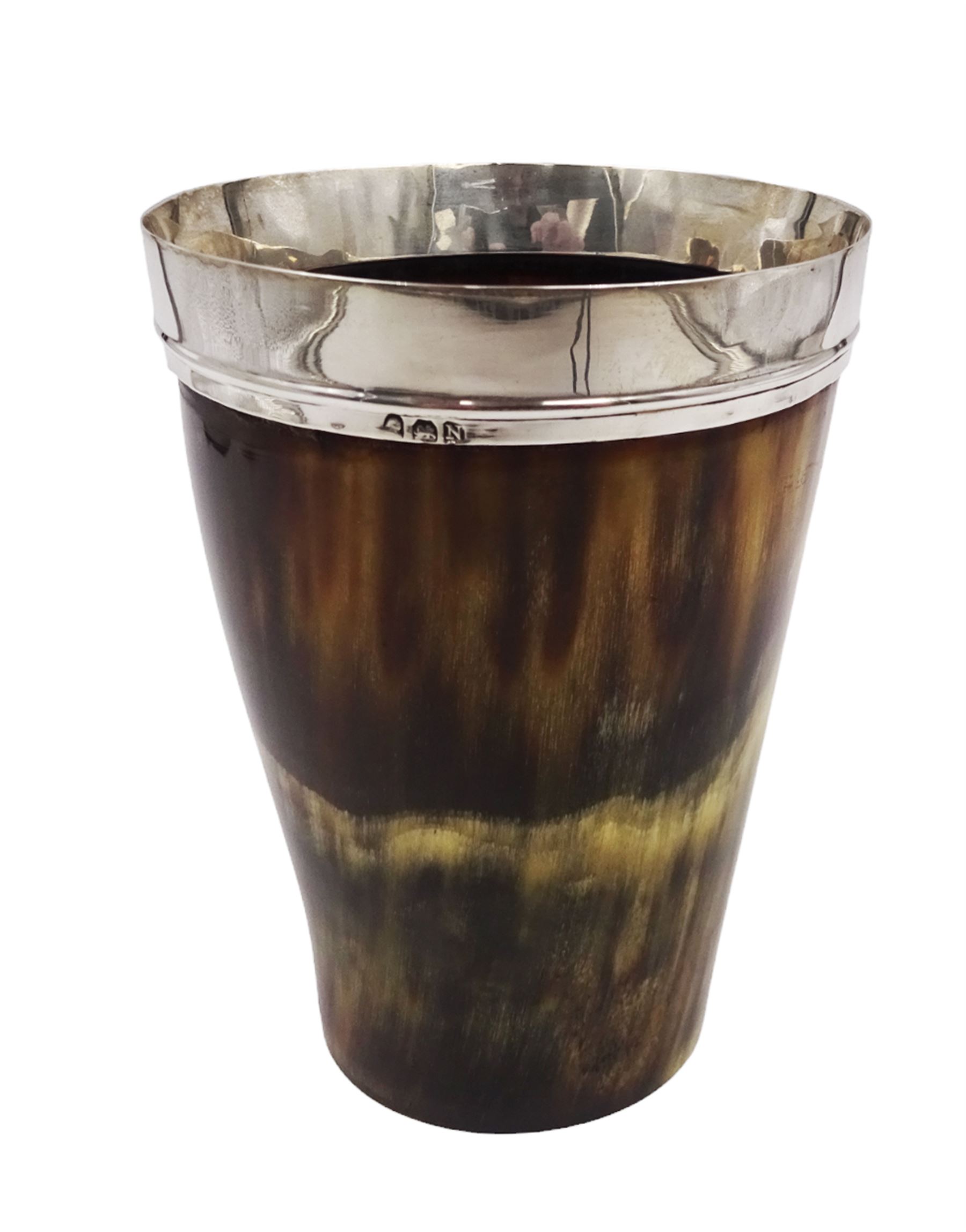 George III silver mounted horn cup, of tapering circular form, with polished exterior, the silver mounted collar hallmarked London 1808, no visible assay or makers mark, H13.5cm