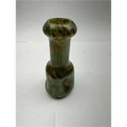 Three Austrian Art Nouveau green iridescent glass bottleneck vases, probably Rindskopf, to include one example with hallmarked silver collar, tallest H18cm (3)