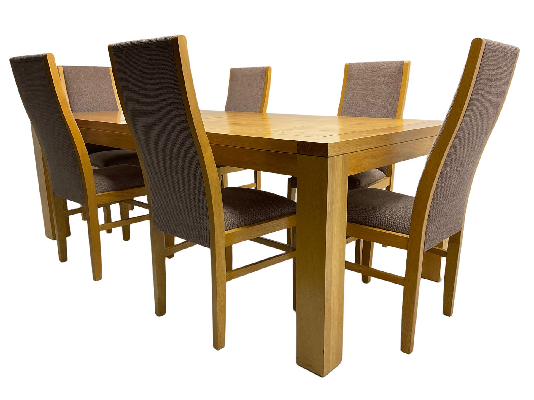 Large pippy oak rectangular dining table, square block leg, and six high back upholstered chairs, retailed by Chapmans of Newcastle