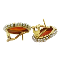 Pair of 18ct gold cameo and pearl stud with clip earrings, stamped 750 and a 9ct gold hardstone swivel pendant fob hallmarked