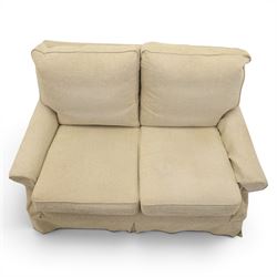 Wesley Barrel - two seater sofa and matching armchair,with scrolled arms and loose cushions, beige chenille fabric, raised on castors  (Armchair: H 100cm, D 100cm, W 87cm)