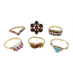 Gold garnet cluster ring and garnet three stone ring, gold turquoise ring and three stone set rings including diamond, ruby and opal, all 9ct hallmarked or stamped (6)