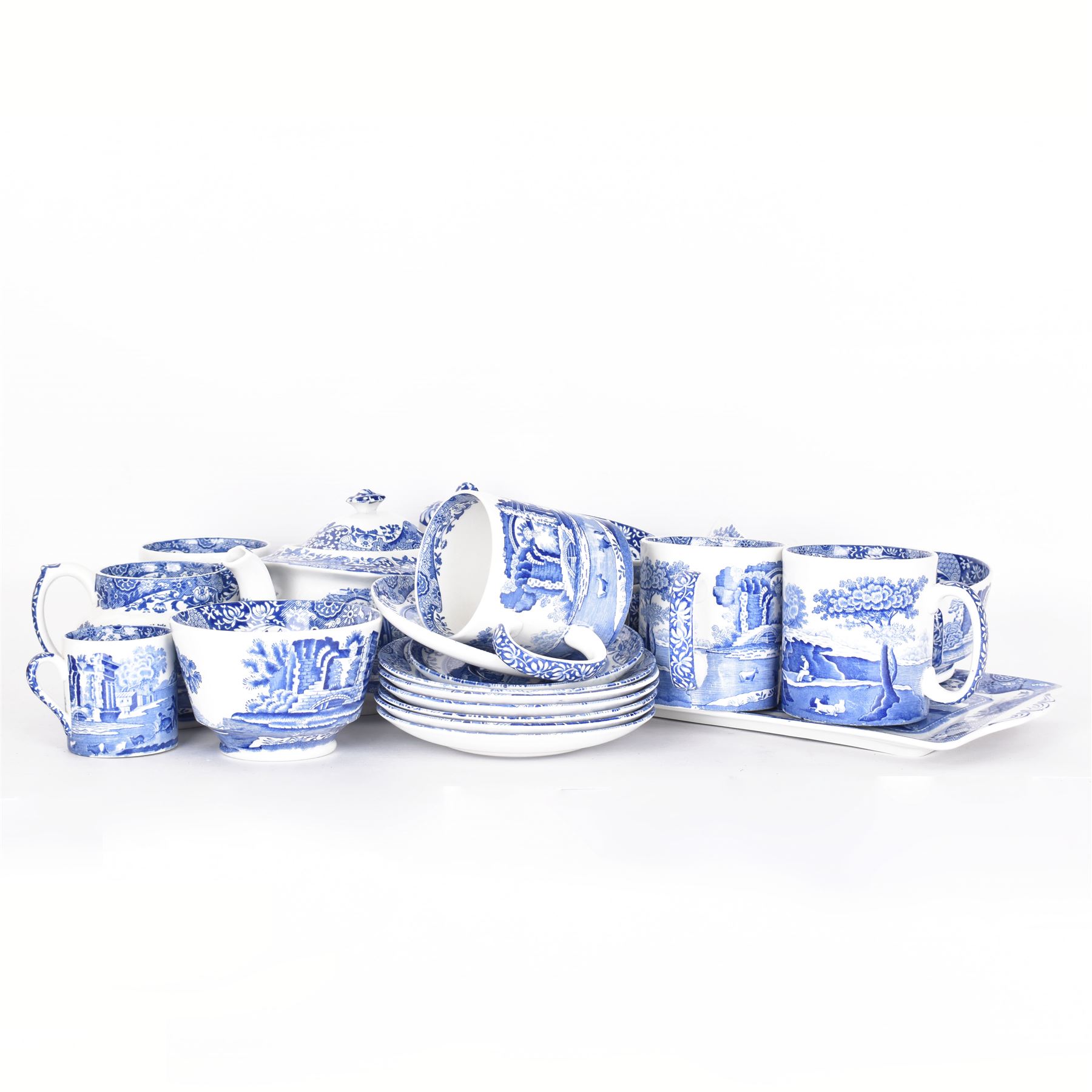 Spode Italian pattern tea service, comprising teapot, milk jug, open sucrier, six cups and saucers, two coffee cans and saucers, six dessert plates, four mugs and a sandwich plate (30) 