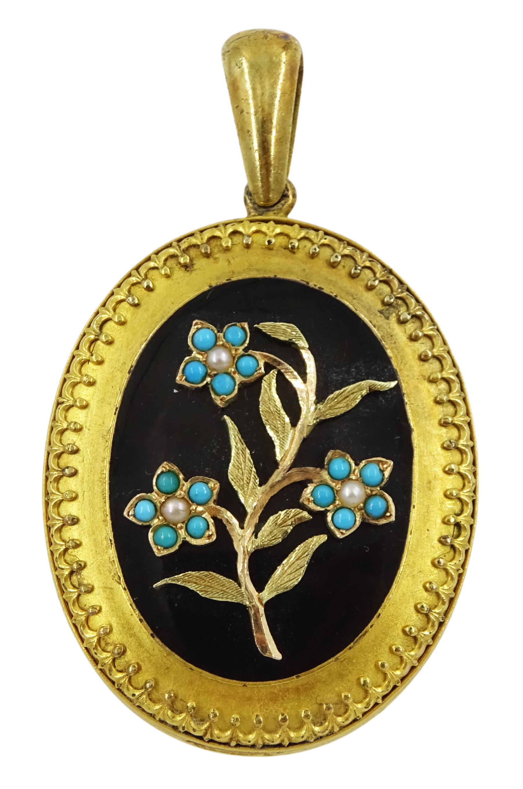 Victorian gold mourning pendant, black enamel plaque with applied gold, pearl and turquoise flower decoration