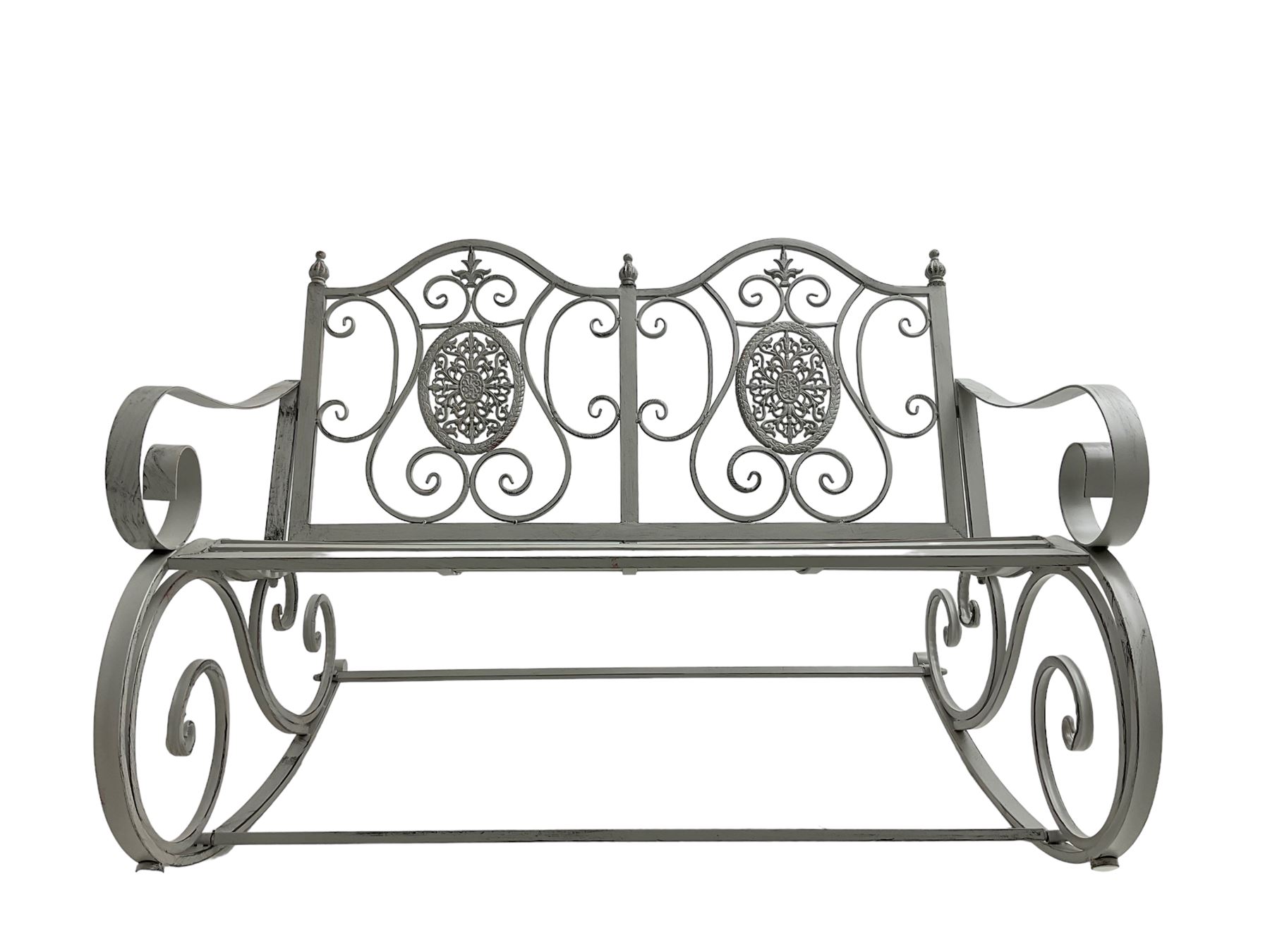 Regency design wrought metal rocking garden two seat, pierced back with scroll design over strap seat, with C-scroll back supports, in antique grey finish
