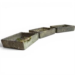 Three weathered composite stone rectangular planters, shallow form
