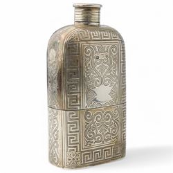 Victorian silver hip flask engraved with scrolls and vacant cartouche within a key pattern border, screw off cap 12cm Birmingham 1862 Maker Henry Hyde Aston