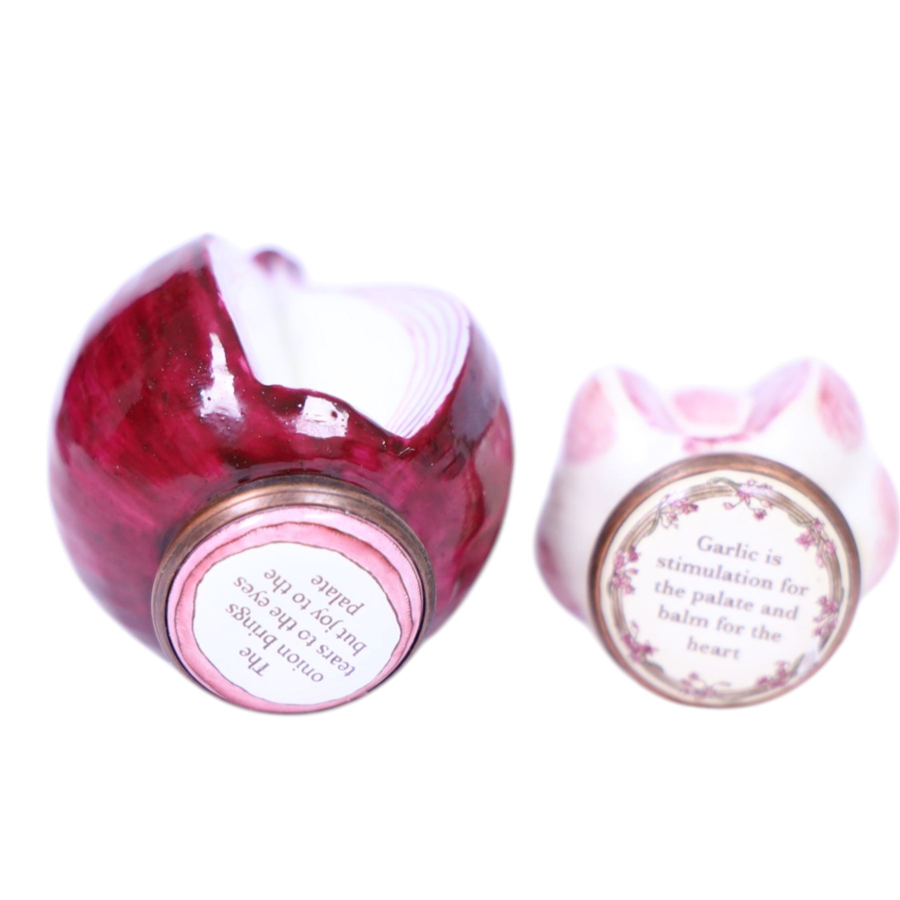 Four Halcyon Days enamel novelty boxes modelled asparagus, onion, garlic and cabbage