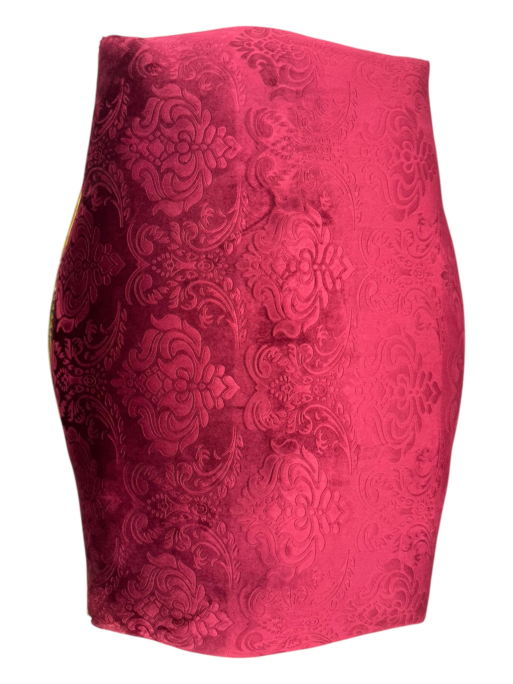 Pair of Louis XV-design giltwood stools, each upholstered in red damask fabric with slight variations in patterns, the carved frames adorned with scrolling foliage and shell motifs, raised on cabriole supports