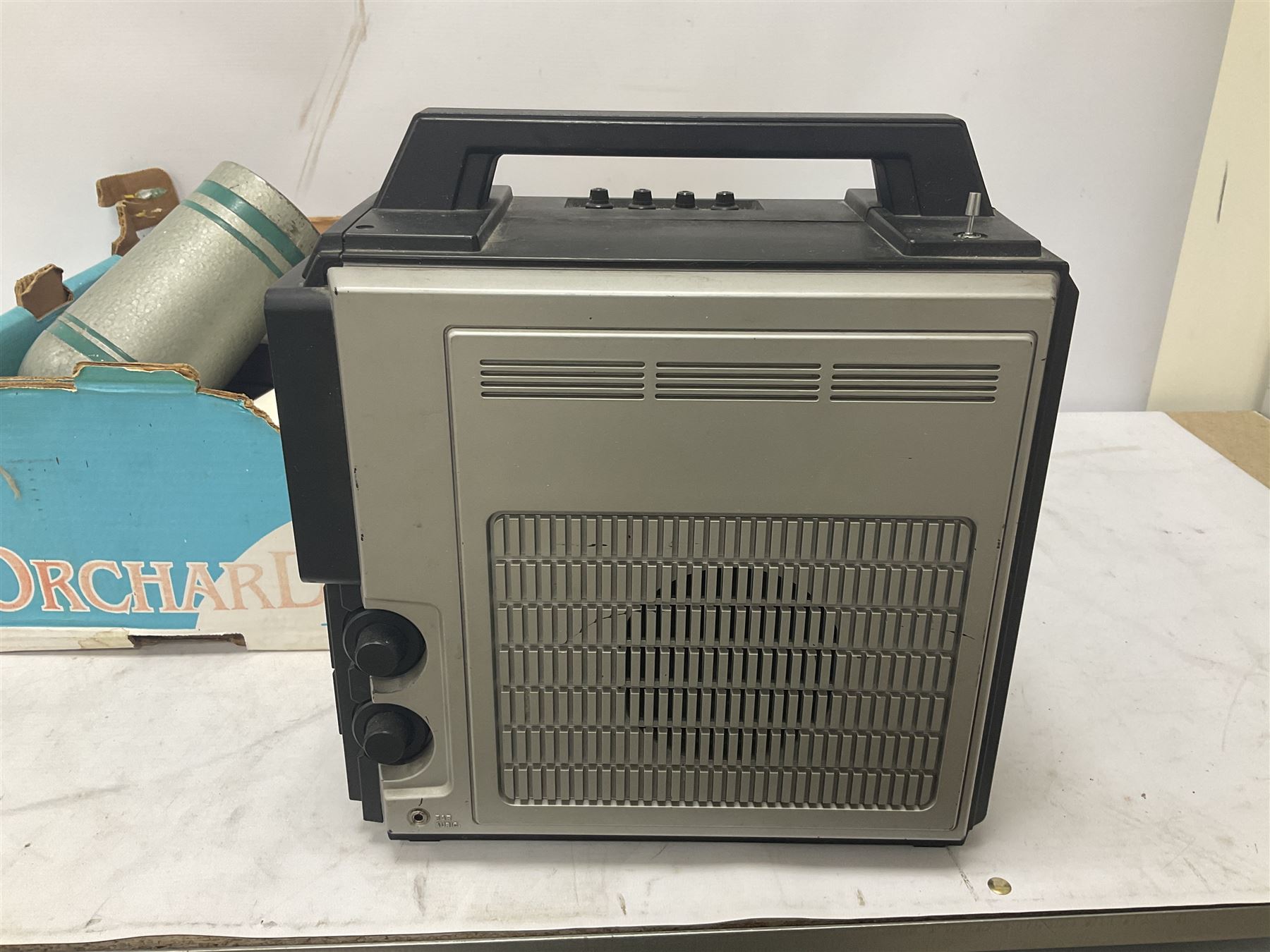 Alba TR10 Portable black and white TV with 3 band radio and Matsu travel clock radio together with quantity of various tools and Sparklets Limited soda syphon, together with BOC soda syphon, Serial No. Shuz, tallest example H32cm